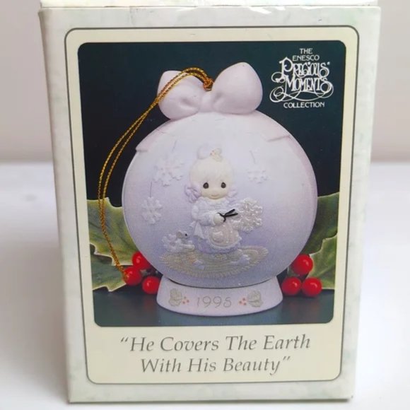 Precious Moments "He Covers the Earth with Beauty 1995" Ball Ornament with stand - Picture 3 of 4